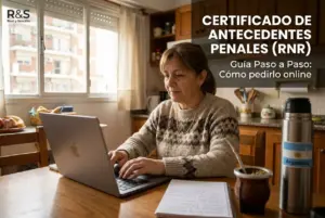 Mulher em mesa com laptop, caderno e chimarrão. Texto sobre antecedentes.