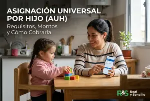 Menina empilhando blocos enquanto mulher acessa AUH no smartphone