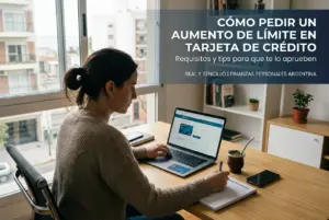 Mulher usando laptop com interface bancária online em escritório