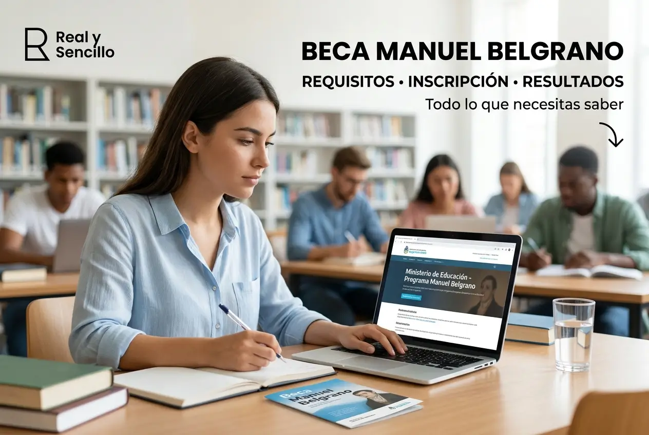 Mulher estudando com brochura Beca Manuel Belgrano na biblioteca