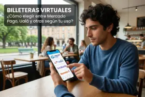 Homem jovem com smartphone mostrando carteiras virtuais