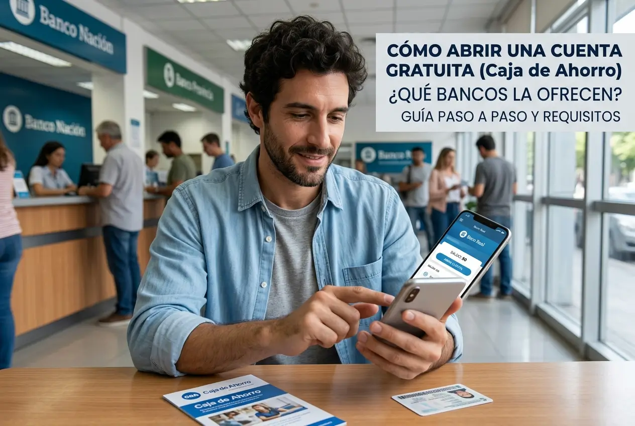 Homem feliz no Banco Nación abrindo ‘Caja de Ahorro’
