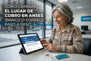 Idosa sorrindo utiliza tablet com site ANSES sobre educação financeira