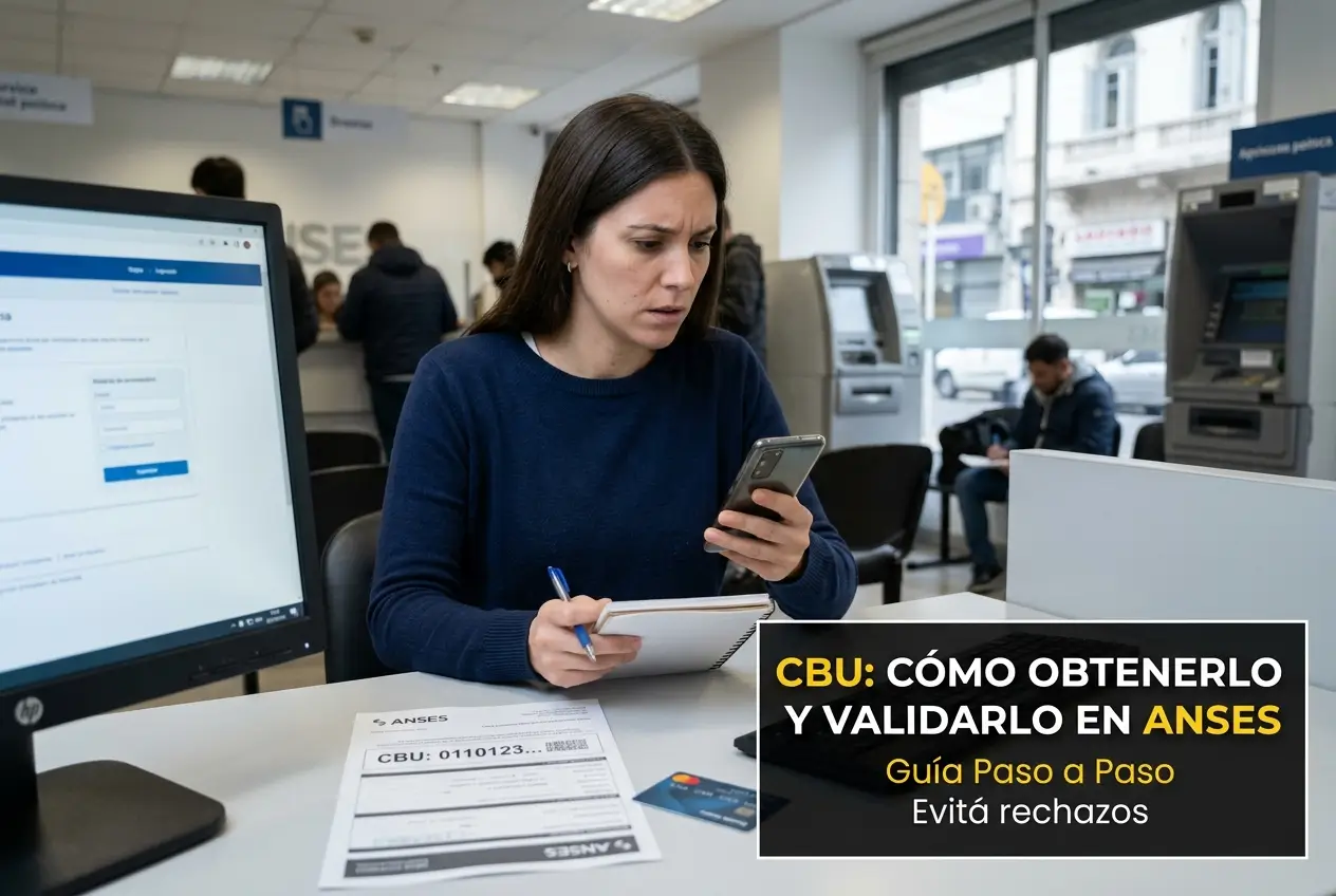 Mulher usando smartphone com documentos bancários e CBU