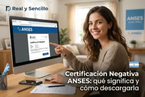 Mulher apontando para certificação ANSES no computador