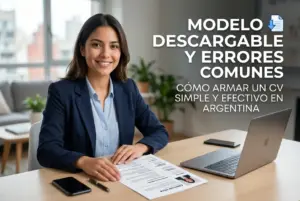 Mulher jovem com currículo em mesa de trabalho, plantas ao fundo