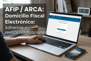 Laptop com AFIP/ARCA site e smartphone, educação financeira
