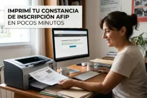 Mulher sorridente na frente do computador com site da AFIP