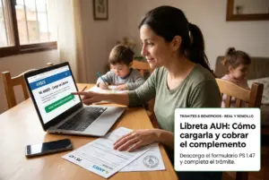 Mulher usando laptop no site do ANSES sobre AUH, criança desenhando