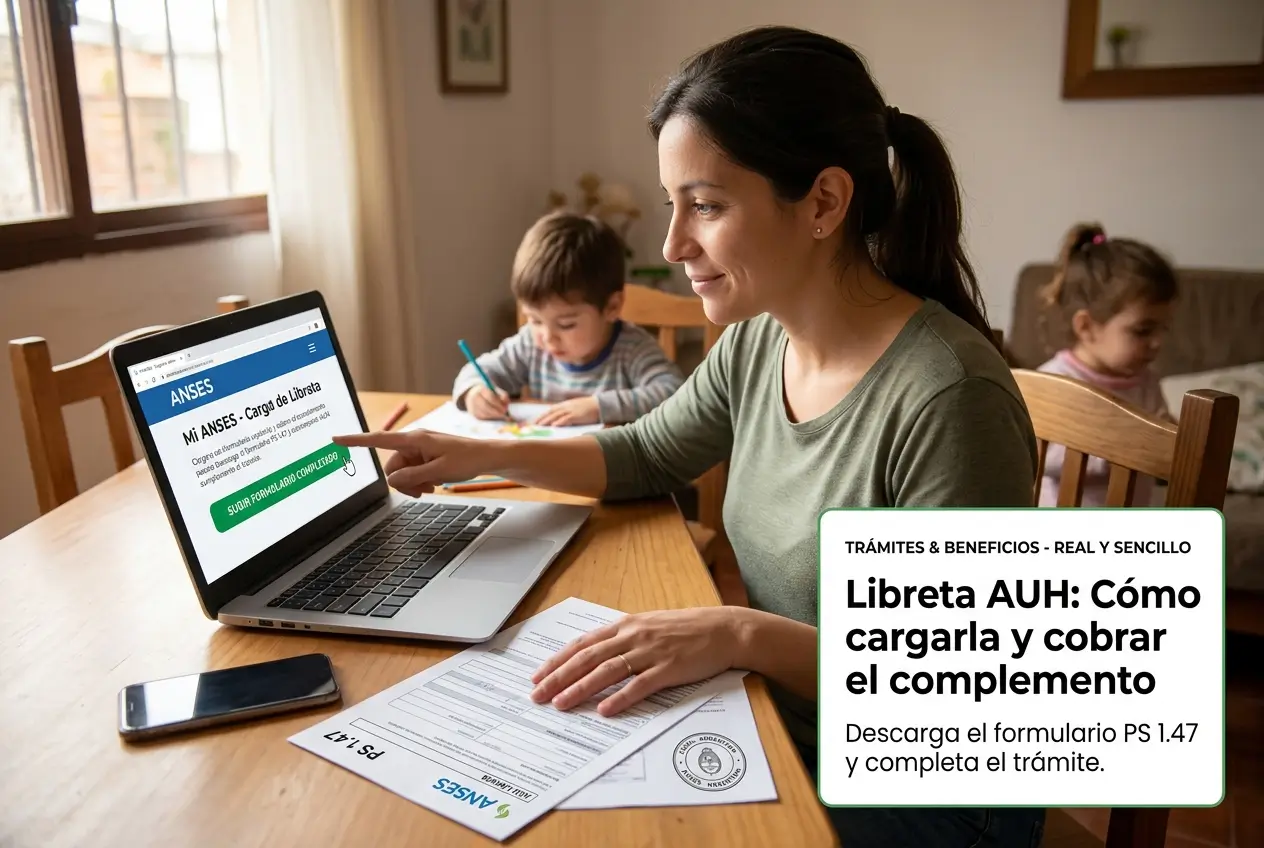 Mulher usando laptop no site do ANSES sobre AUH, criança desenhando