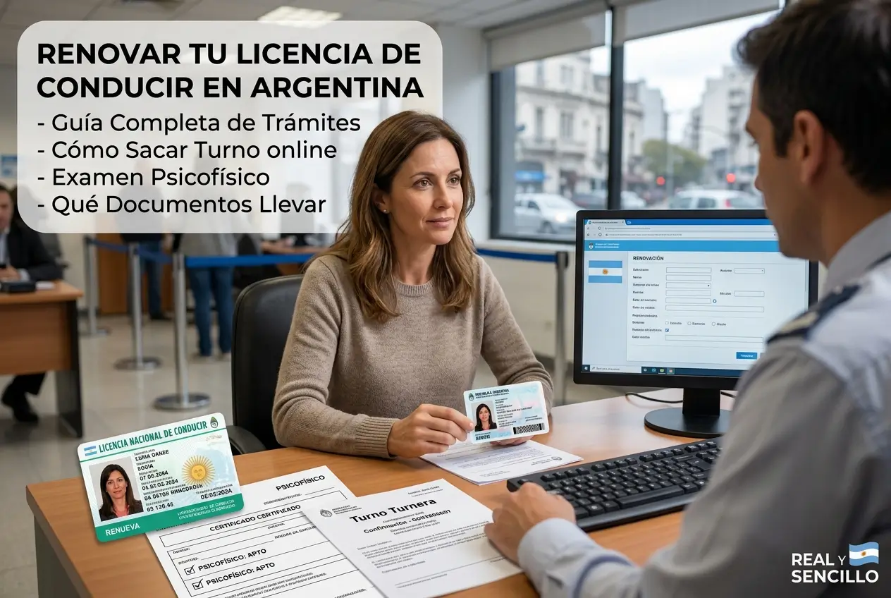Mulher renovando carteira de motorista na Argentina com oficial