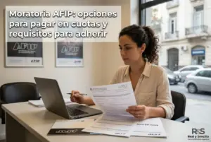 Mulher trabalhando com documentos AFIP em um escritório