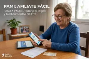 Mulher usando smartphone com site PAMI, afiliação fácil