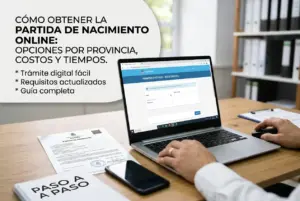 Trâmites de Registro Civil online em laptop com guia impresso