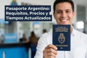 Pessoa sorridente com Pasaporte Argentino em ambiente público
