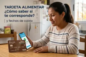 Mulher verifica smartphone sobre 'Tarjeta Alimentar',' mesa.